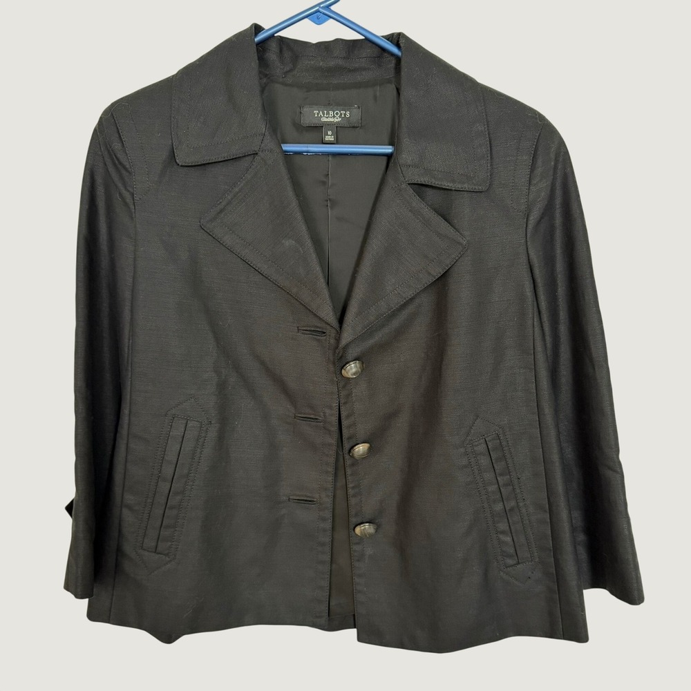 Talbots Black Cotton Linen Blend 3-Button Blazer Jacket Women Size 10